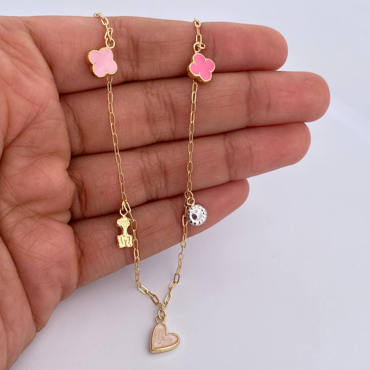 Ankle Bracelet Box 3.3gr / 26.5cm / 1.6mm Pendants Clovers Flower Heart Dog Pear Two Golds Yellow White 18K &