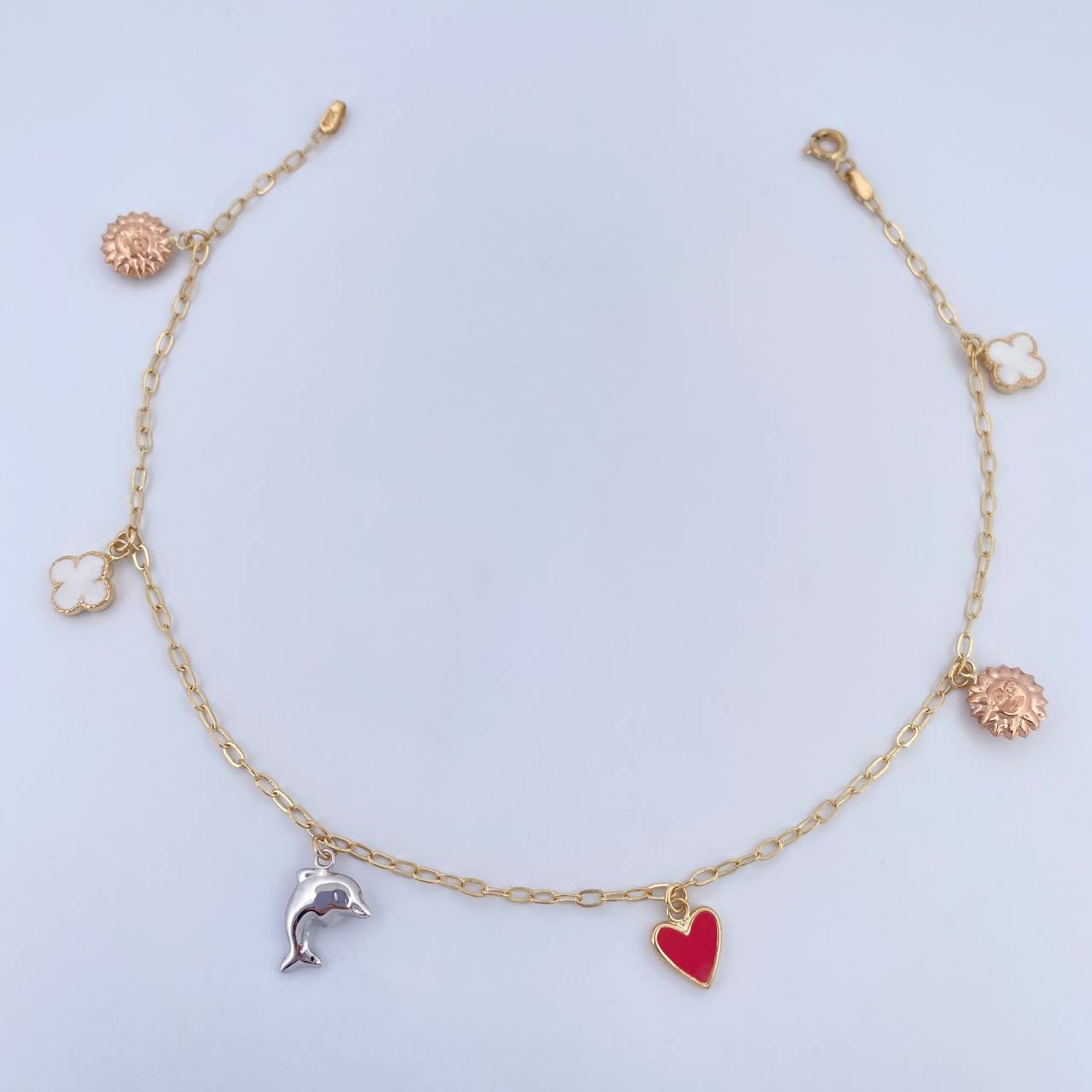Ankle Bracelet Box 3.6gr / 26.2cm / 1.6mm Pendants Clovers Suns Heart Dolphin Three Golds 18K &