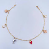 Ankle Bracelet Box 3.6gr / 26.2cm / 1.6mm Pendants Clovers Suns Heart Dolphin Three Golds 18K &