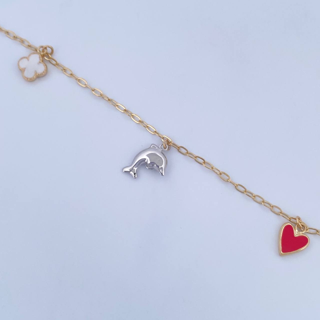 Ankle Bracelet Box 3.6gr / 26.2cm / 1.6mm Pendants Clovers Suns Heart Dolphin Three Golds 18K &