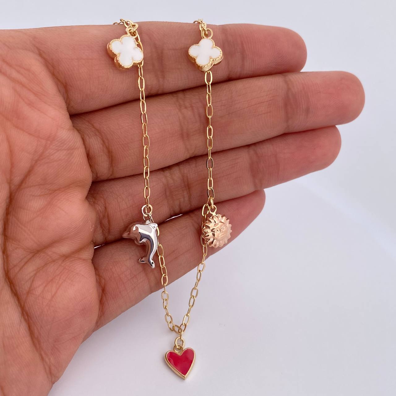 Ankle Bracelet Box 3.6gr / 26.2cm / 1.6mm Pendants Clovers Suns Heart Dolphin Three Golds 18K &