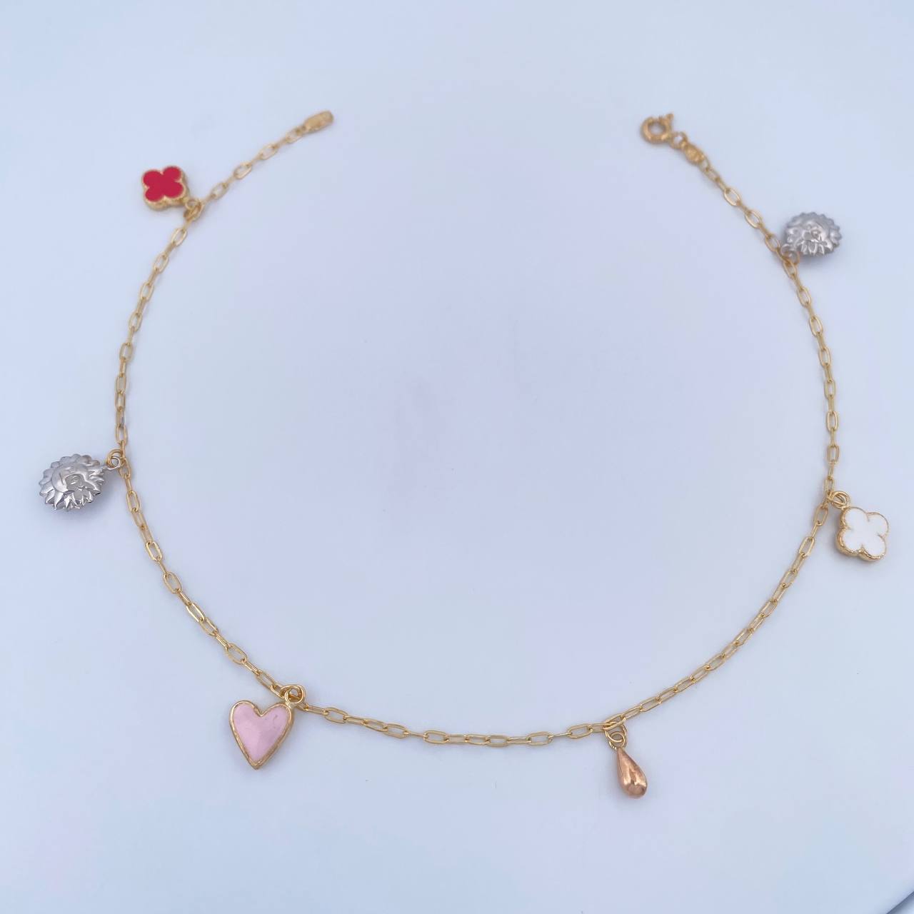 Ankle Bracelet Box 3.35gr / 27.2cm / 1.6mm Pendants Suns Clovers Drop Heart Three Golds 18K &