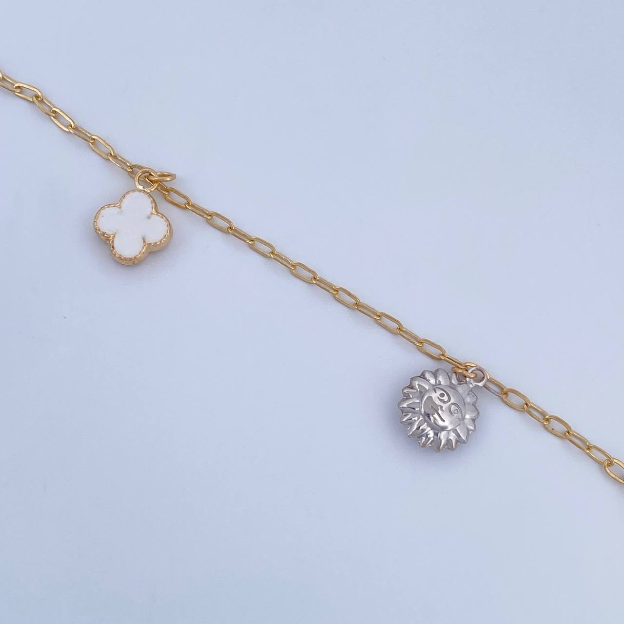 Ankle Bracelet Box 3.35gr / 27.2cm / 1.6mm Pendants Suns Clovers Drop Heart Three Golds 18K &