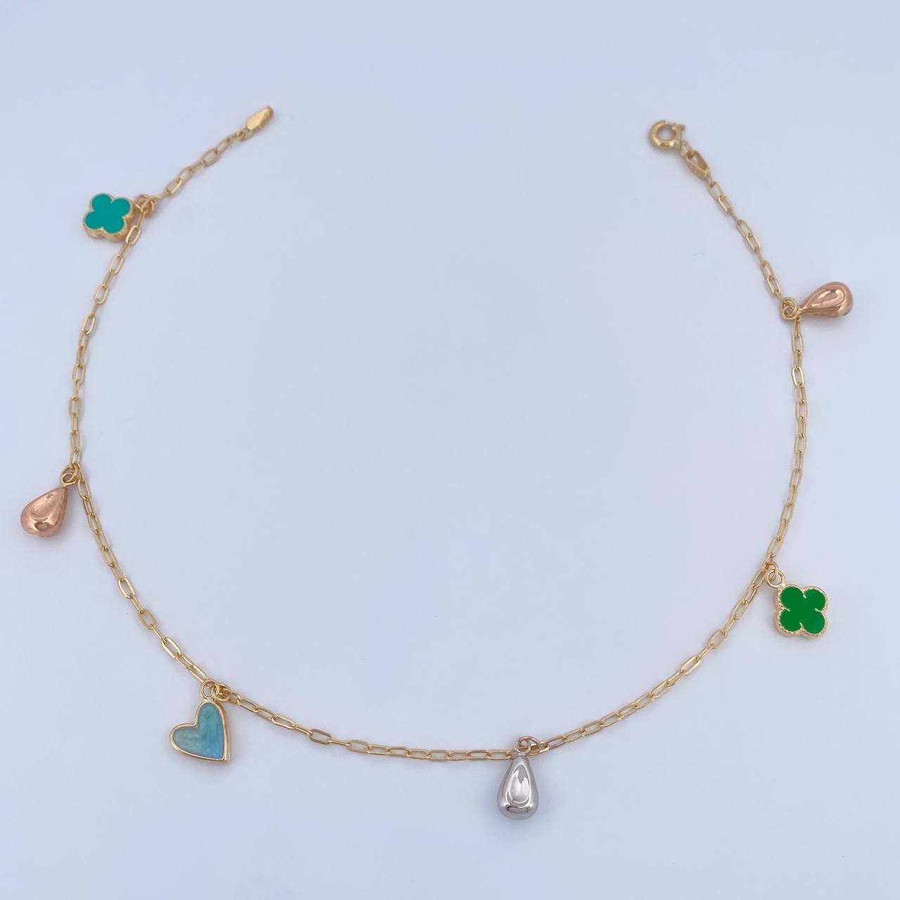 Ankle Bracelet Box 3.4gr / 25.2cm / 1.6mm Pendants Drops Clovers Heart Three Golds 18K &