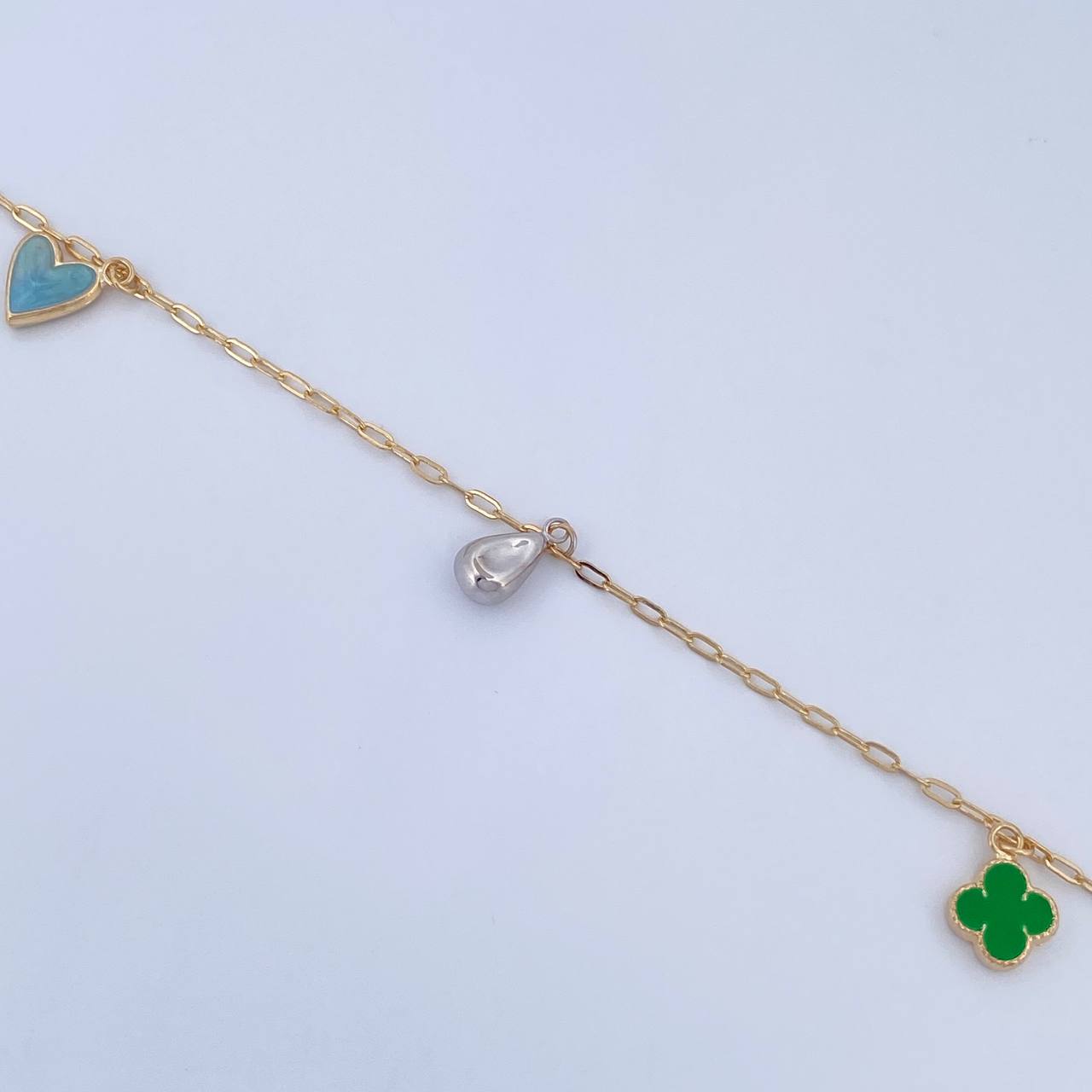 Ankle Bracelet Box 3.4gr / 25.2cm / 1.6mm Pendants Drops Clovers Heart Three Golds 18K &