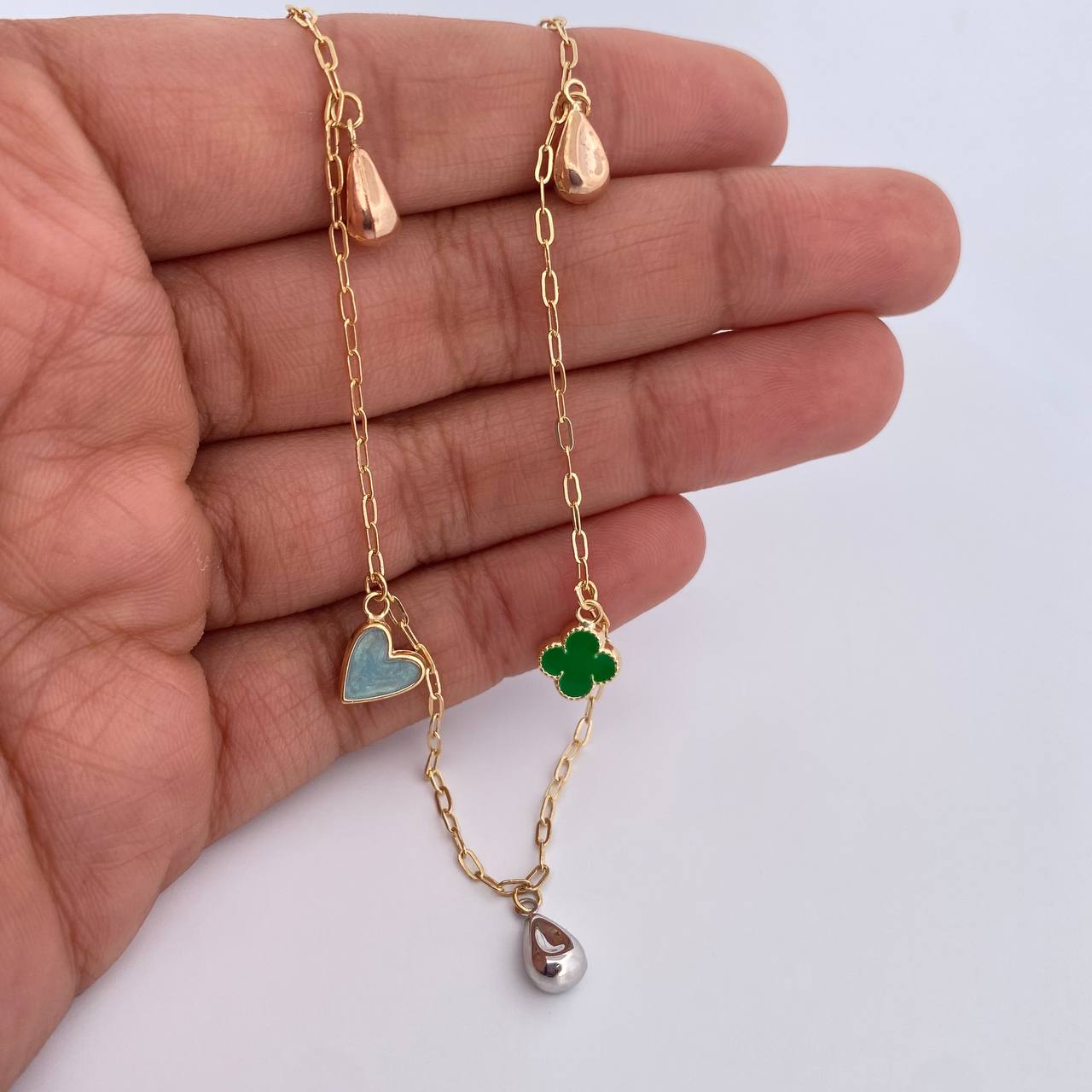 Ankle Bracelet Box 3.4gr / 25.2cm / 1.6mm Pendants Drops Clovers Heart Three Golds 18K &
