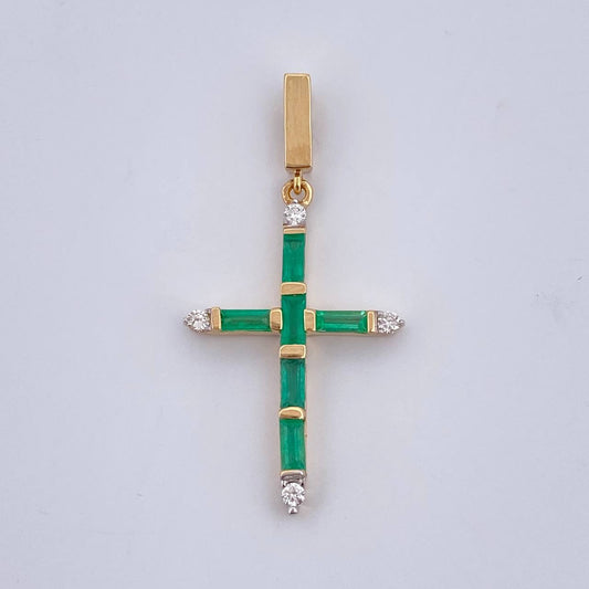 Dije Cruz 2gr / 3.4cm / Esmeralda 60 Pts Diamantes 11 Pts Dos Oros Amarillo Blanco 18K (Joya) &