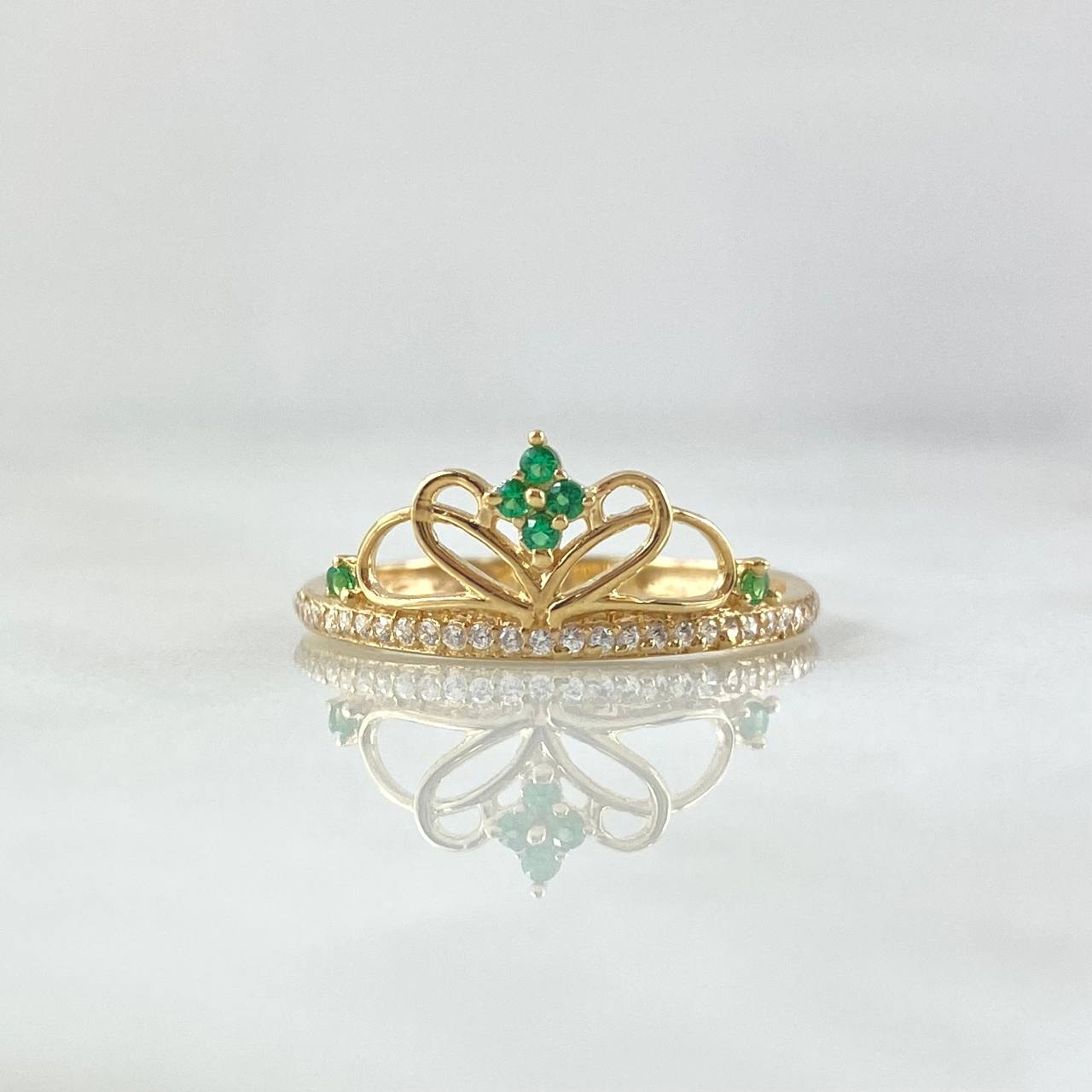 Stylized Heart Crown Ring 1.4gr / Size 6 1/2 / White and Green Zircons 18K Yellow Gold ©
