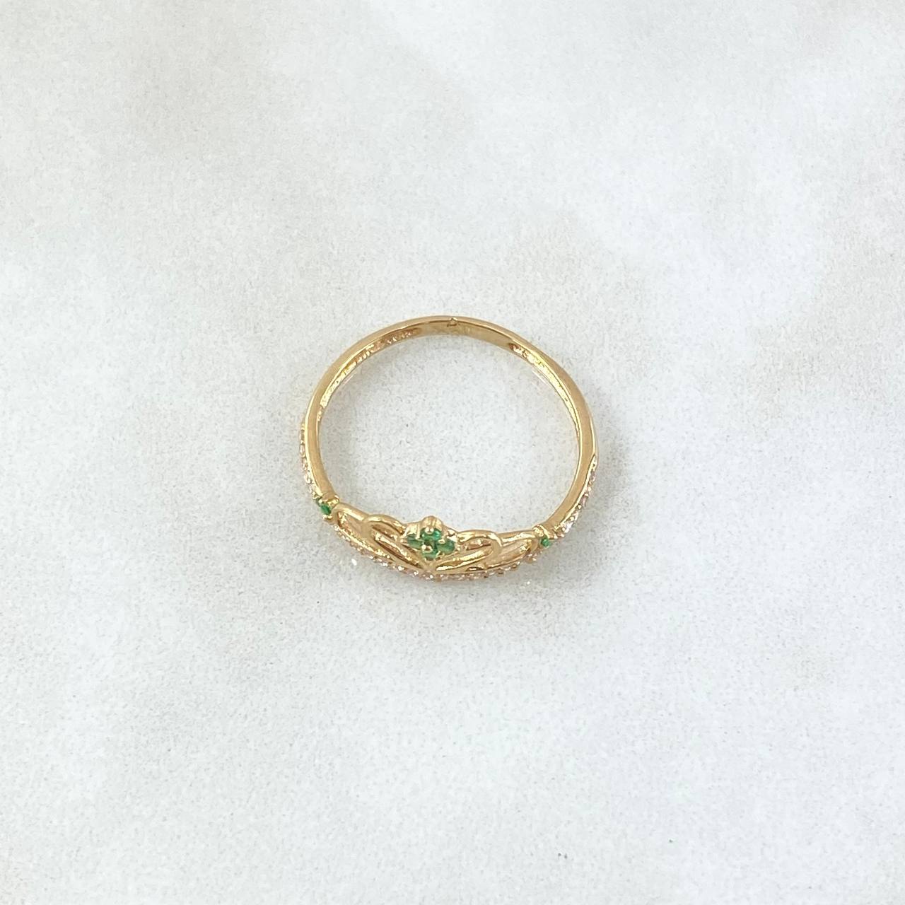 Stylized Heart Crown Ring 1.4gr / Size 6 1/2 / White and Green Zircons 18K Yellow Gold ©