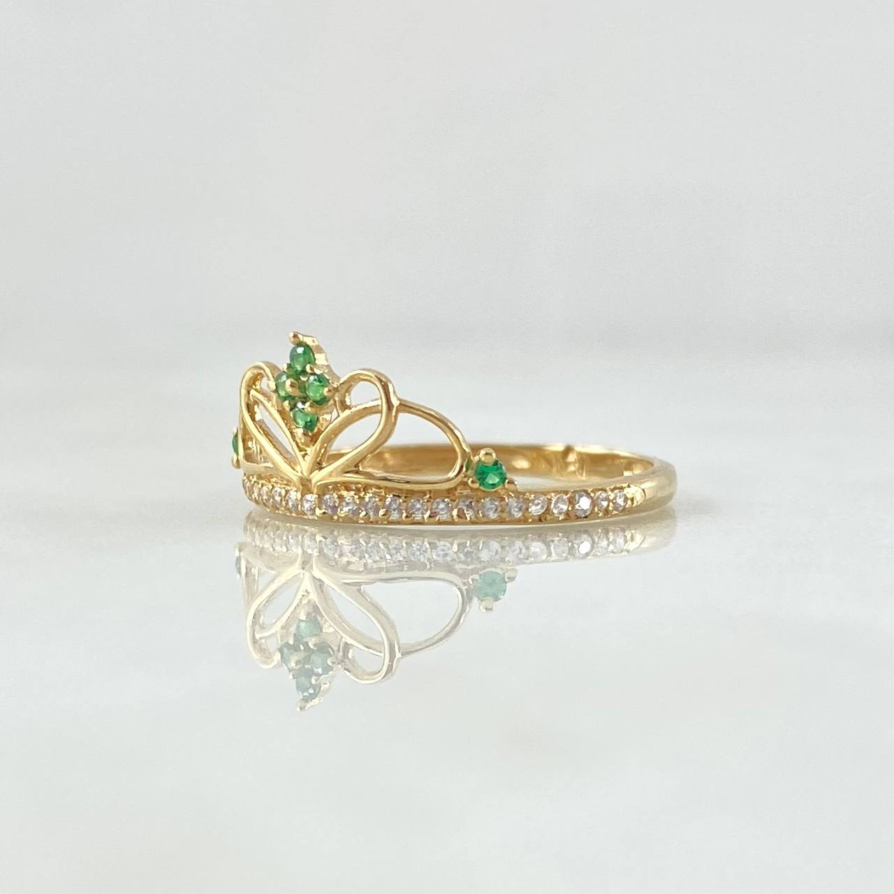 Stylized Heart Crown Ring 1.4gr / Size 6 1/2 / White and Green Zircons 18K Yellow Gold ©