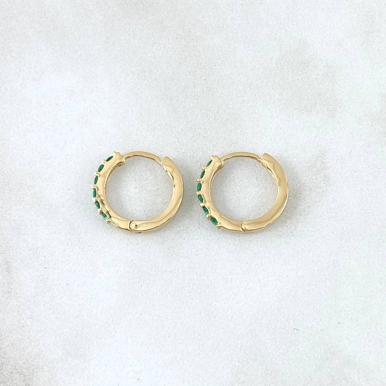Hoop Earrings Smooth Basteado Hoop 1.95gr / 1.3cm / Green Zircons 18K Yellow Gold ©