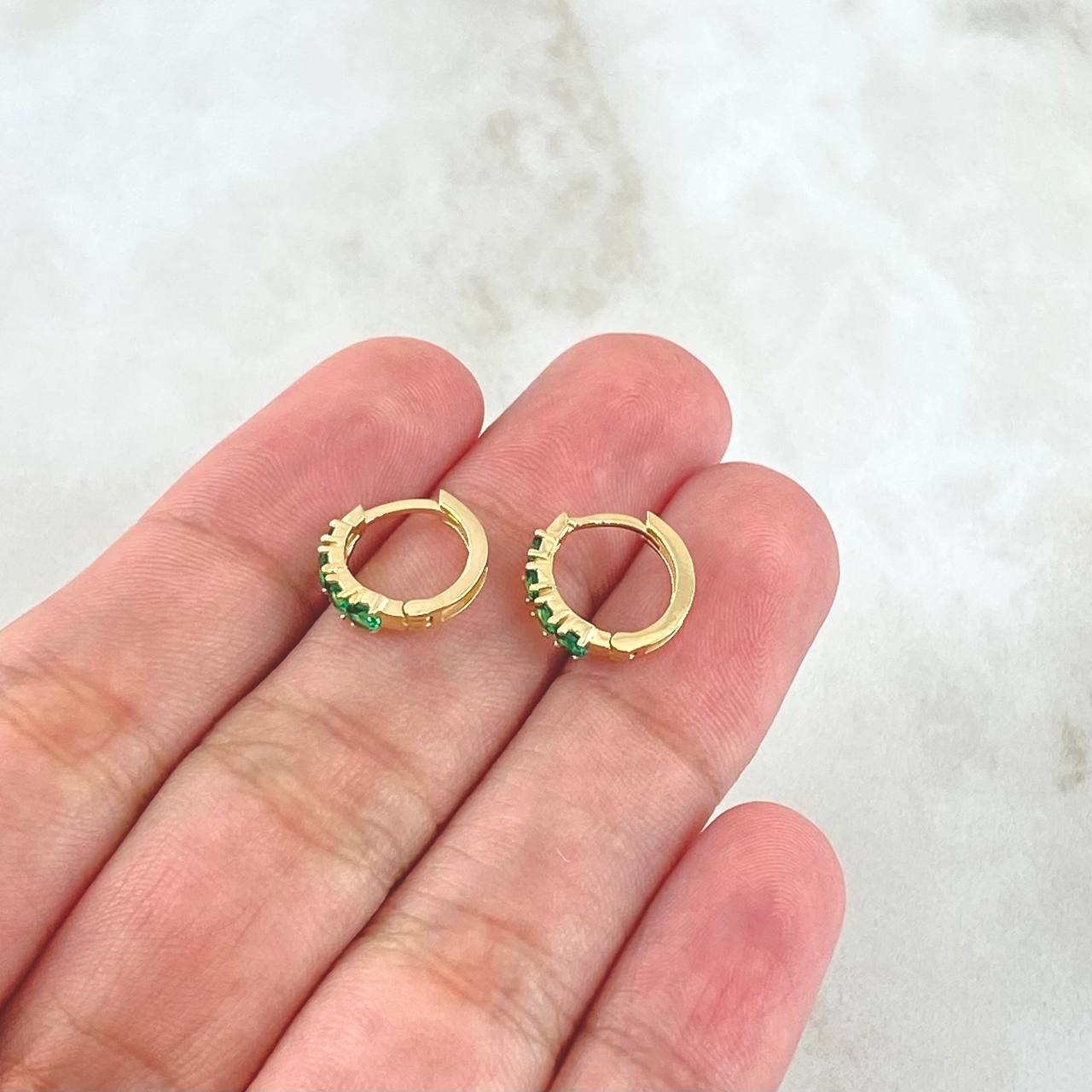 Hoop Earrings Double Track Basted 1.45gr / 1.1cm / Green Zircons 18K Yellow Gold ©