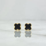 Stud Earrings Clover 0.7gr / 6mm Dotted Edge Black Resin 18K Yellow Gold ©
