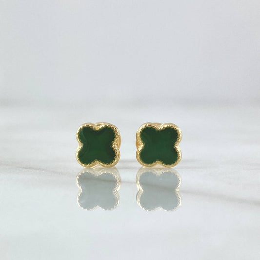 Stud Earrings Clover 1gr / 6mm Dotted Edge Green Resin 18K Yellow Gold ©