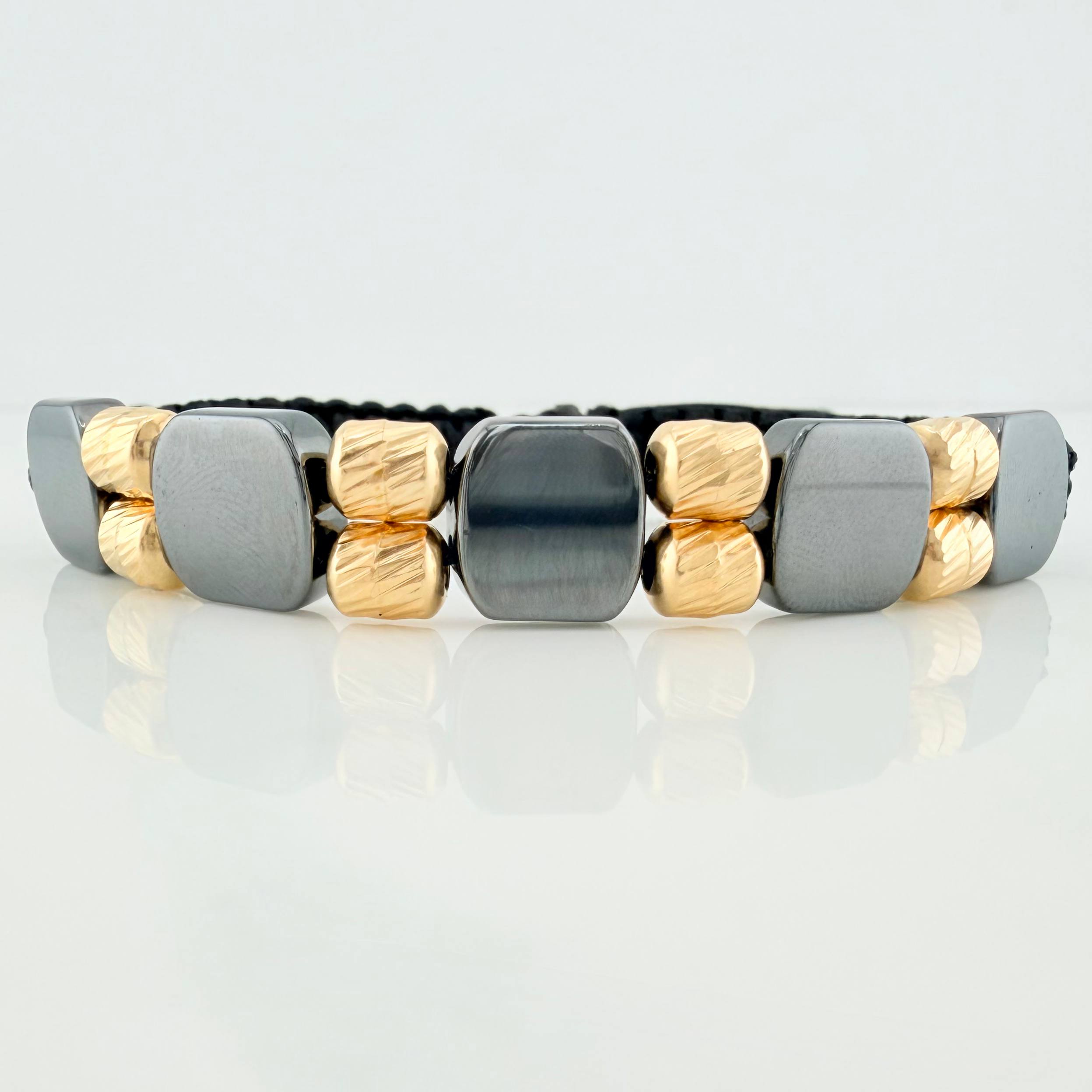 Black Woven Bracelet with Hematite Stone and 18K Yellow Gold