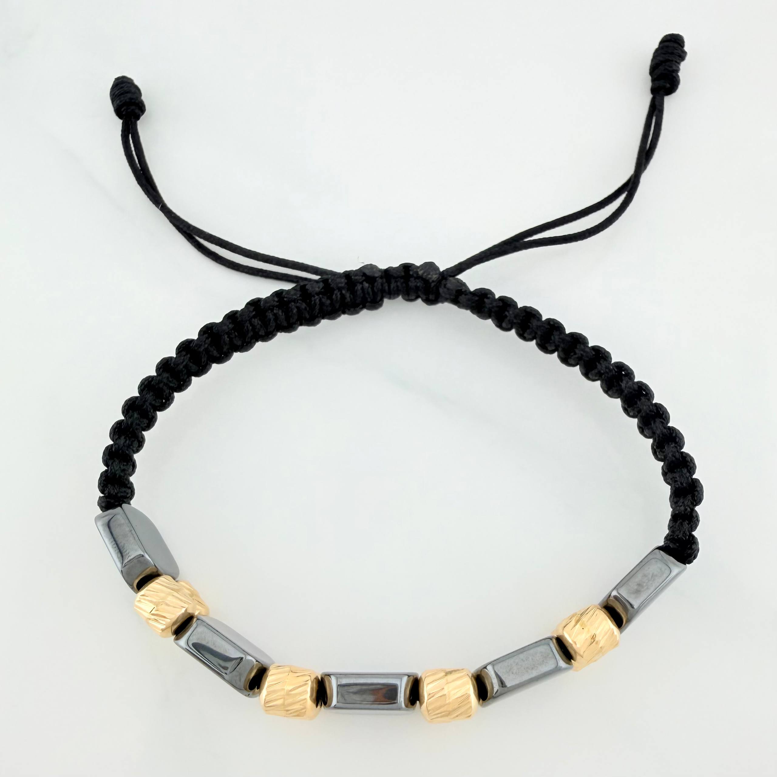 Black Woven Bracelet with Hematite Stone and 18K Yellow Gold