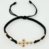 Pulsera Negra Cruz Bolas Diamantadas 4und 1.7gr / 4mm Oro Amarillo 18K *