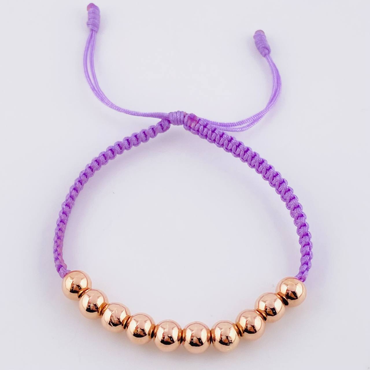 Pulsera Tejida Lila Bolas Lisas 10 Und / 6Mm Oro Rosa 18K (A.C)