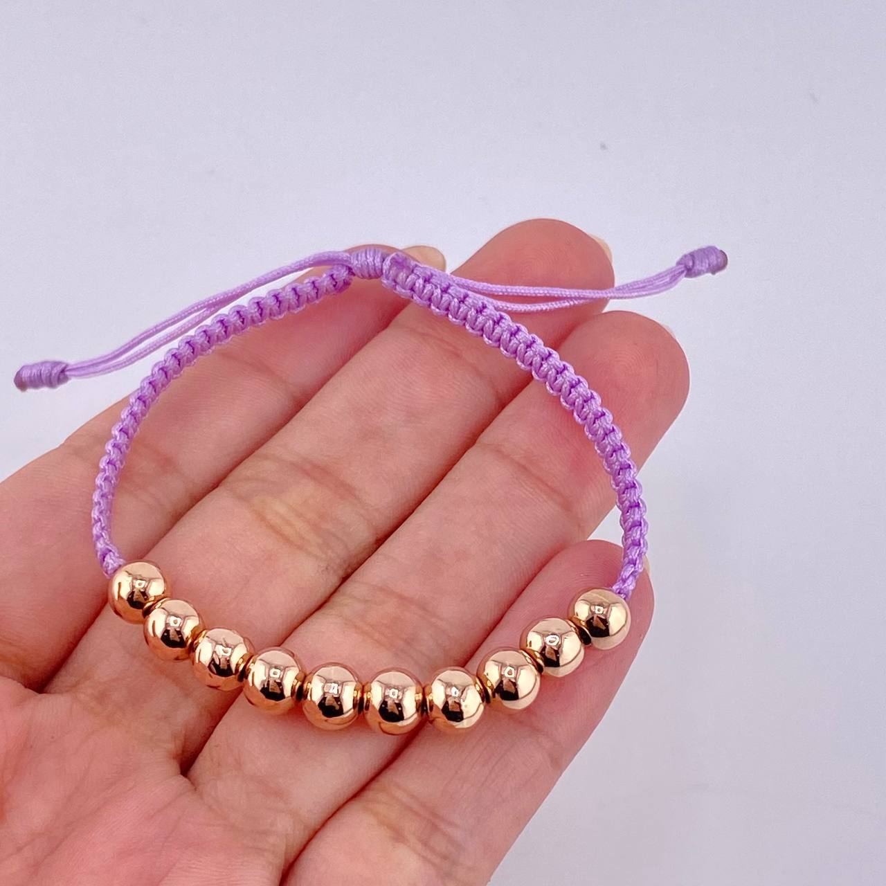 Pulsera Tejida Lila Bolas Lisas 10 Und / 6Mm Oro Rosa 18K (A.C)