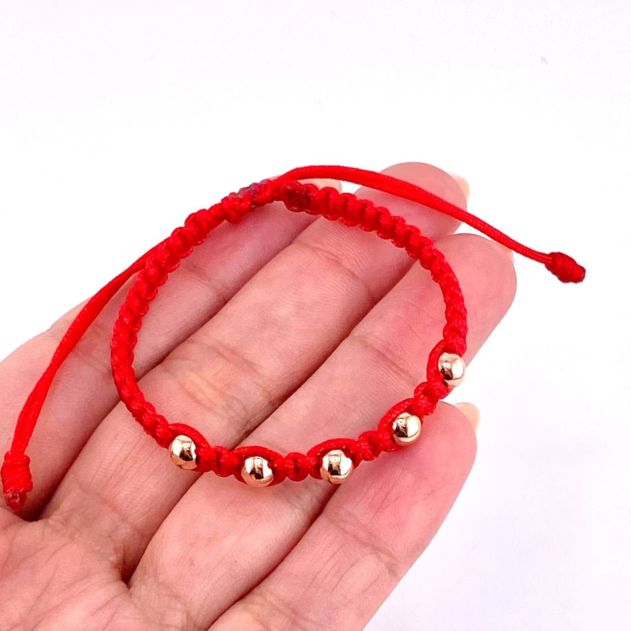 Pulsera Tejida Roja Bolas Lisas 5 Und / 4Mm Oro Rosa 18K (A.C)