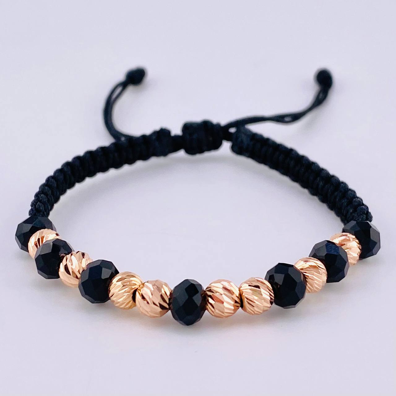Pulsera Tejida Negra Bolas Diamantadas 8 Und / 5Mm Oro Rosa 18K (A.C)