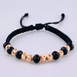 Pulsera Tejida Negra Bolas Diamantadas 8 Und / 5Mm Oro Rosa 18K (A.C)