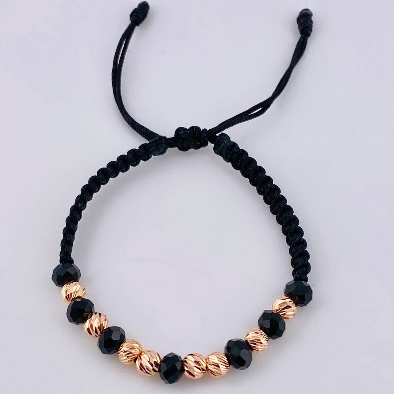 Pulsera Tejida Negra Bolas Diamantadas 8 Und / 5Mm Oro Rosa 18K (A.C)