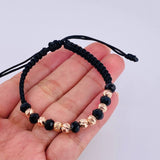 Pulsera Tejida Negra Bolas Diamantadas 8 Und / 5Mm Oro Rosa 18K (A.C)