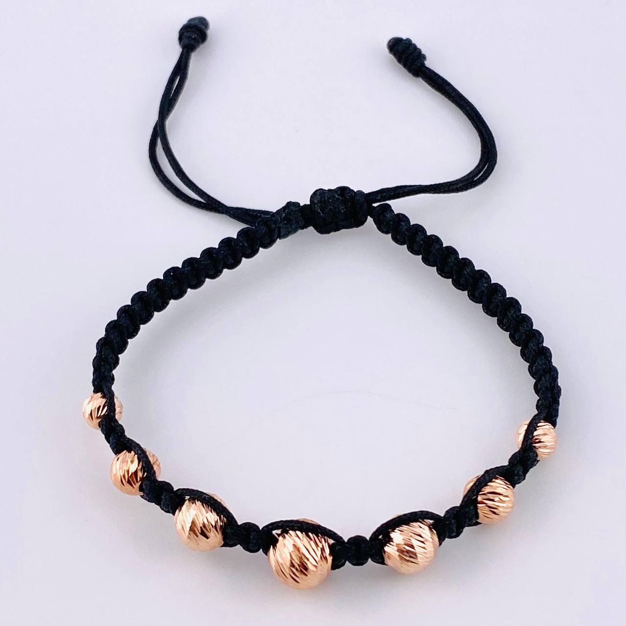 Pulsera Tejida Negra Bolas Diamantada 7 Und/ 5Mm-6Mm-7Mm-8Mm Oro Rosa 18K