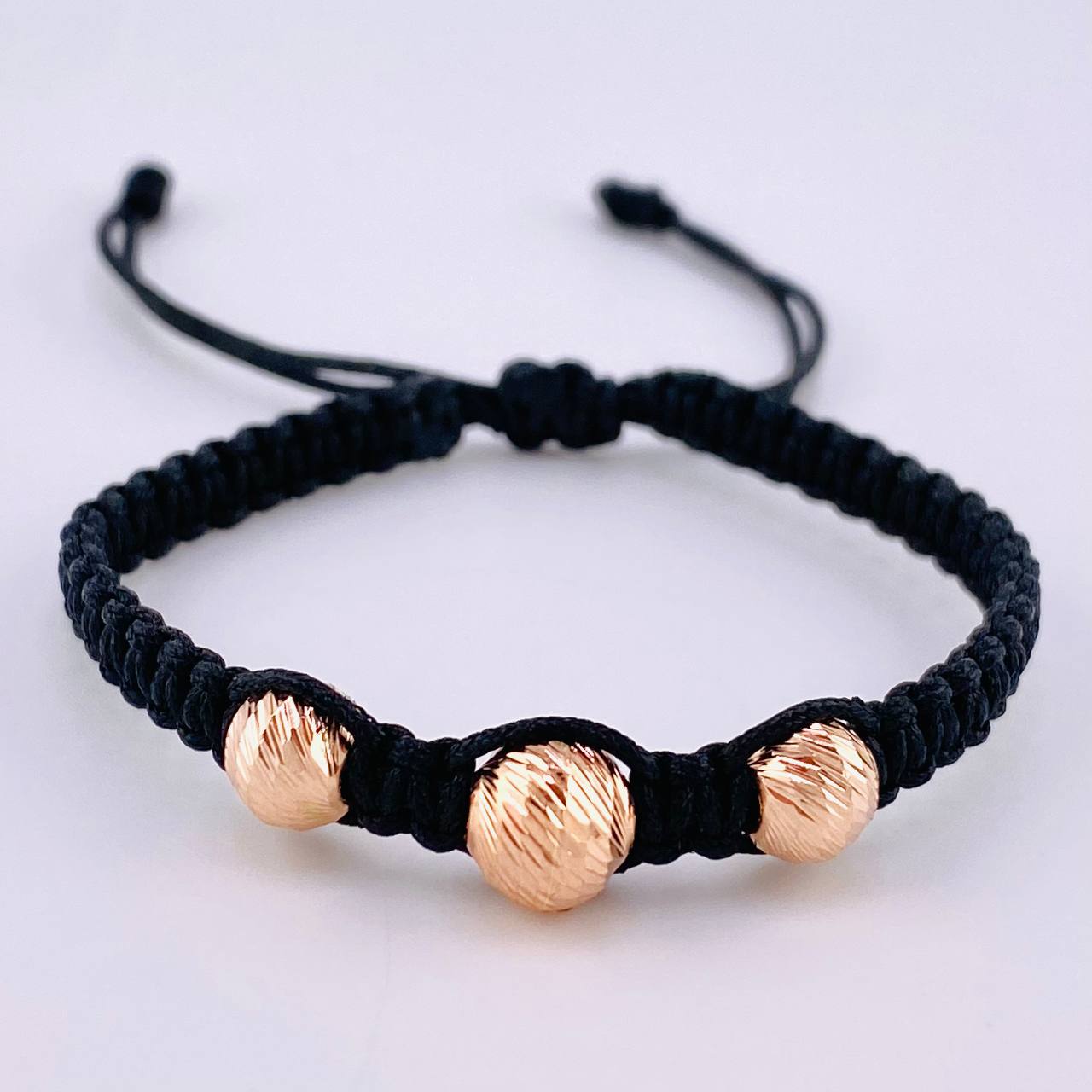 Pulsera Tejida Negra Bolas Diamantadas 3 Und / 7Mm-8Mm Oro Rosa 18K (A.C)