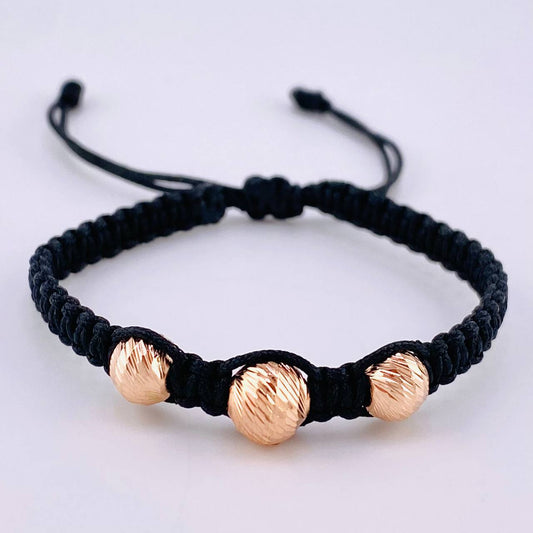 Pulsera Tejida Negra Bolas Diamantadas 3 Und / 7Mm-8Mm Oro Rosa 18K
