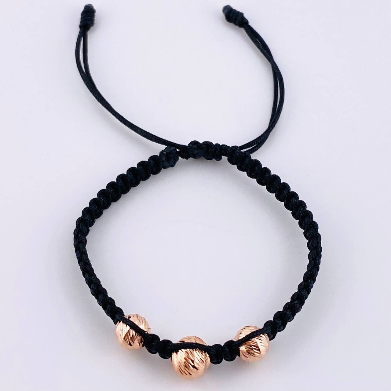 Pulsera Tejida Negra Bolas Diamantadas 3 Und / 7Mm-8Mm Oro Rosa 18K (A.C)