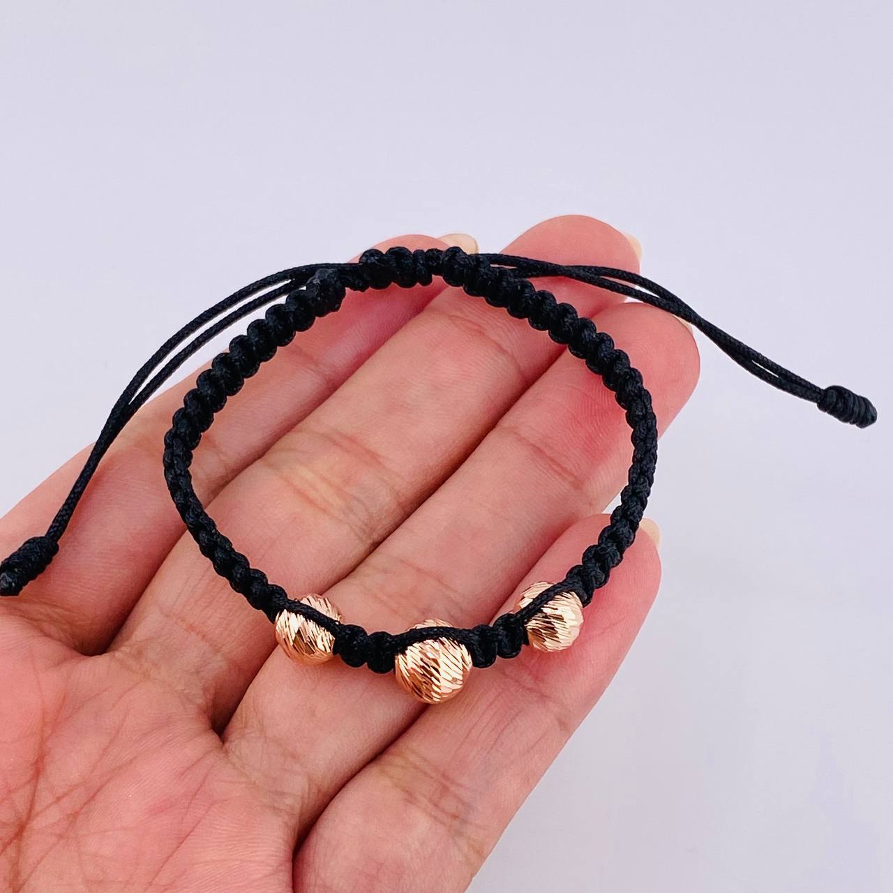 Pulsera Tejida Negra Bolas Diamantadas 3 Und / 7Mm-8Mm Oro Rosa 18K (A.C)