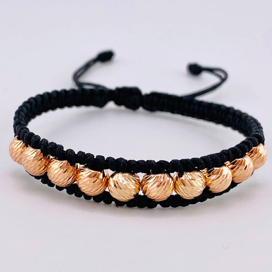 Pulsera Tejida Negra Bolas Diamantada 10 Und / 6Mm Oro Rosa 18K (A.C)