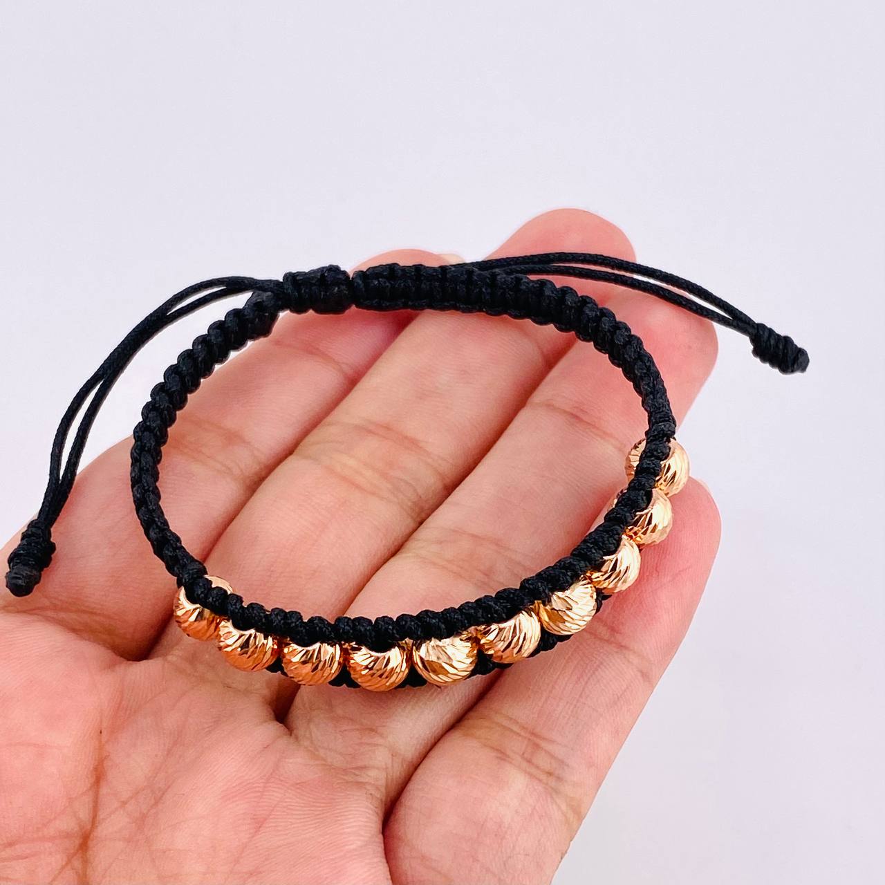 Pulsera Tejida Negra Bolas Diamantada 10 Und / 6Mm Oro Rosa 18K