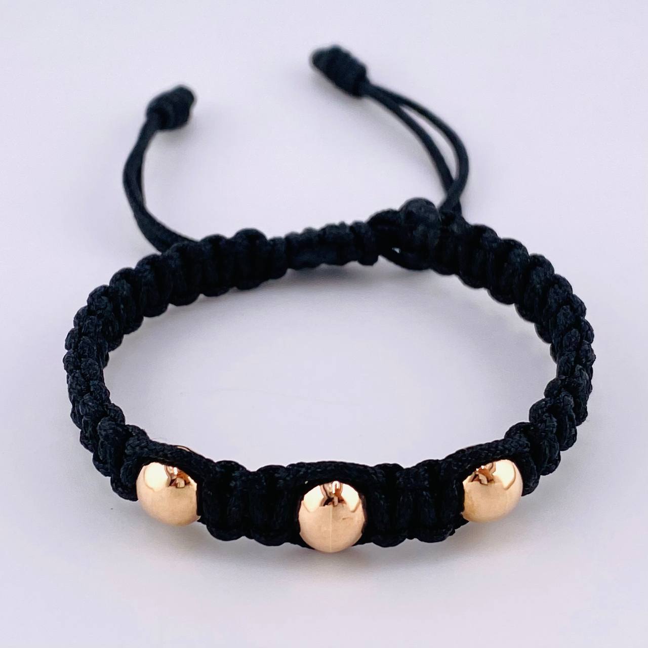 Pulsera Tejida Negra Bolas Lisas 3 Und / 7Mm-8Mm Oro Rosa 18K (A.C)
