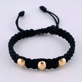 Pulsera Tejida Negra Bolas Lisas 3 Und / 7Mm-8Mm Oro Rosa 18K (A.C)