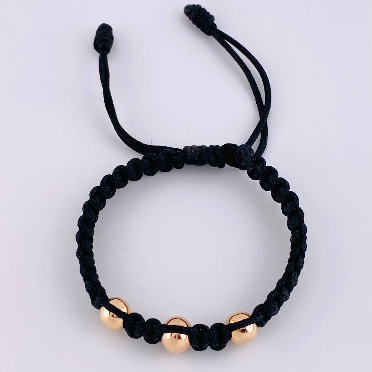 Pulsera Tejida Negra Bolas Lisas 3 Und / 7Mm-8Mm Oro Rosa 18K (A.C)