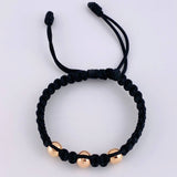 Pulsera Tejida Negra Bolas Lisas 3 Und / 7Mm-8Mm Oro Rosa 18K (A.C)