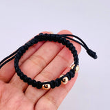 Pulsera Tejida Negra Bolas Lisas 3 Und / 7Mm-8Mm Oro Rosa 18K (A.C)