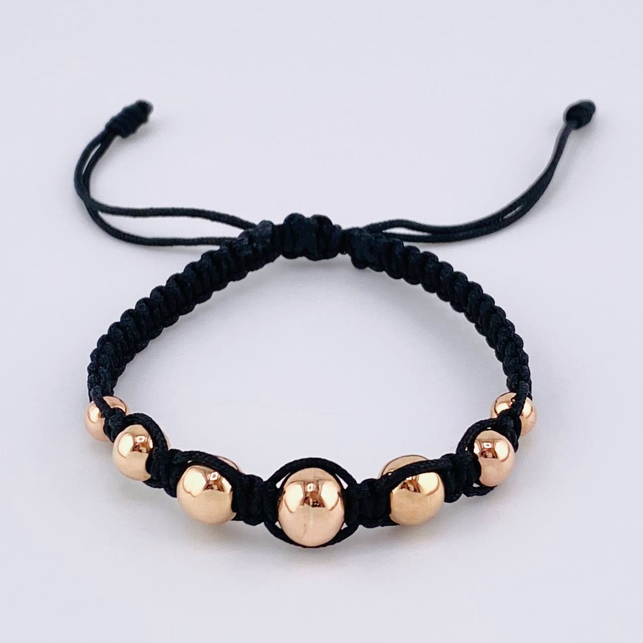 Pulsera Tejida Negra Bolas Lisas 7 Und / 5Mm-6Mm-7Mm-8Mm Oro Rosa 18K (A.C)