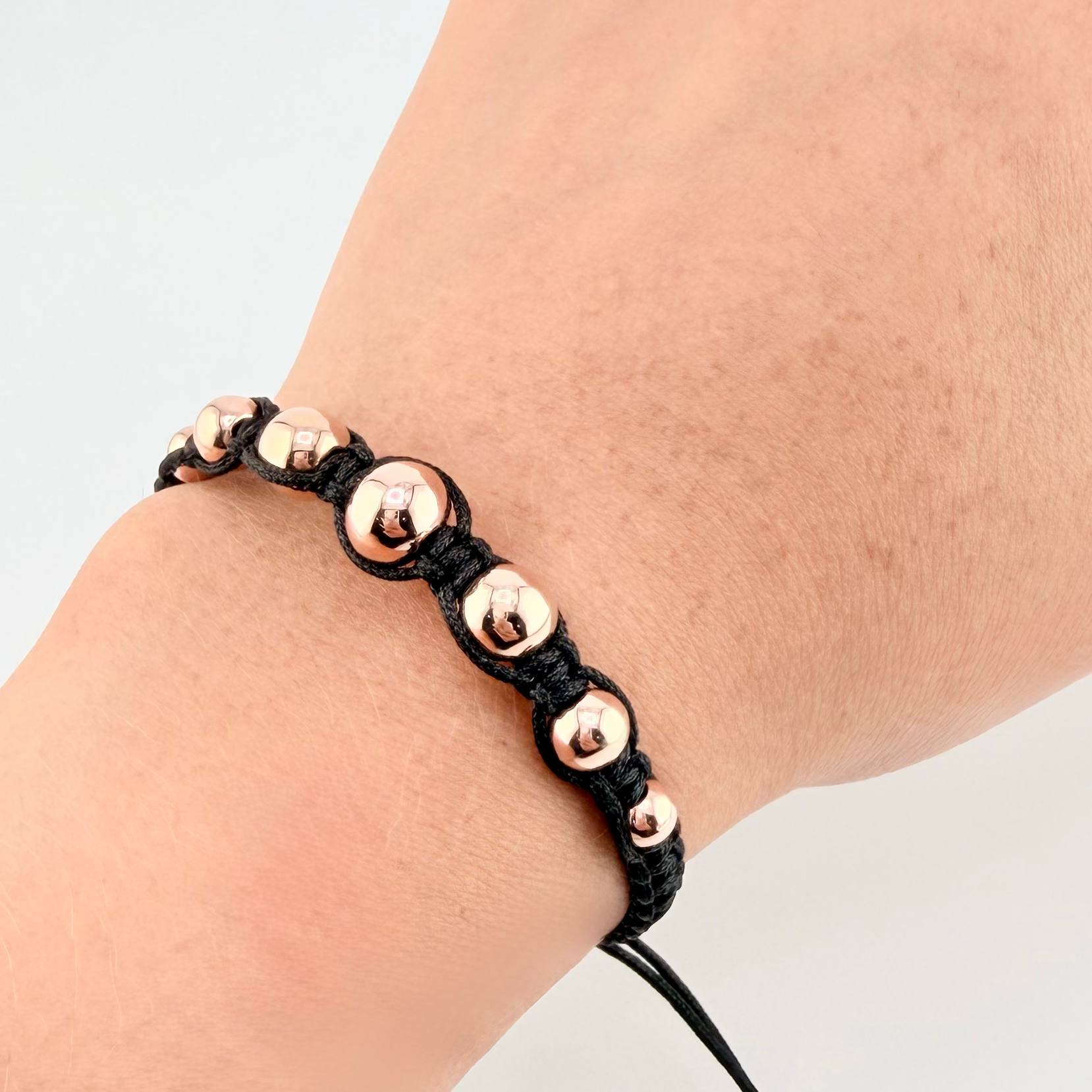 Pulsera Tejida Negra Bolas Lisas 7 Und / 5Mm-6Mm-7Mm-8Mm Oro Rosa 18K (A.C)