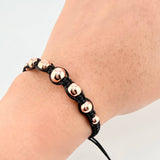 Pulsera Tejida Negra Bolas Lisas 7 Und / 5Mm-6Mm-7Mm-8Mm Oro Rosa 18K (A.C)
