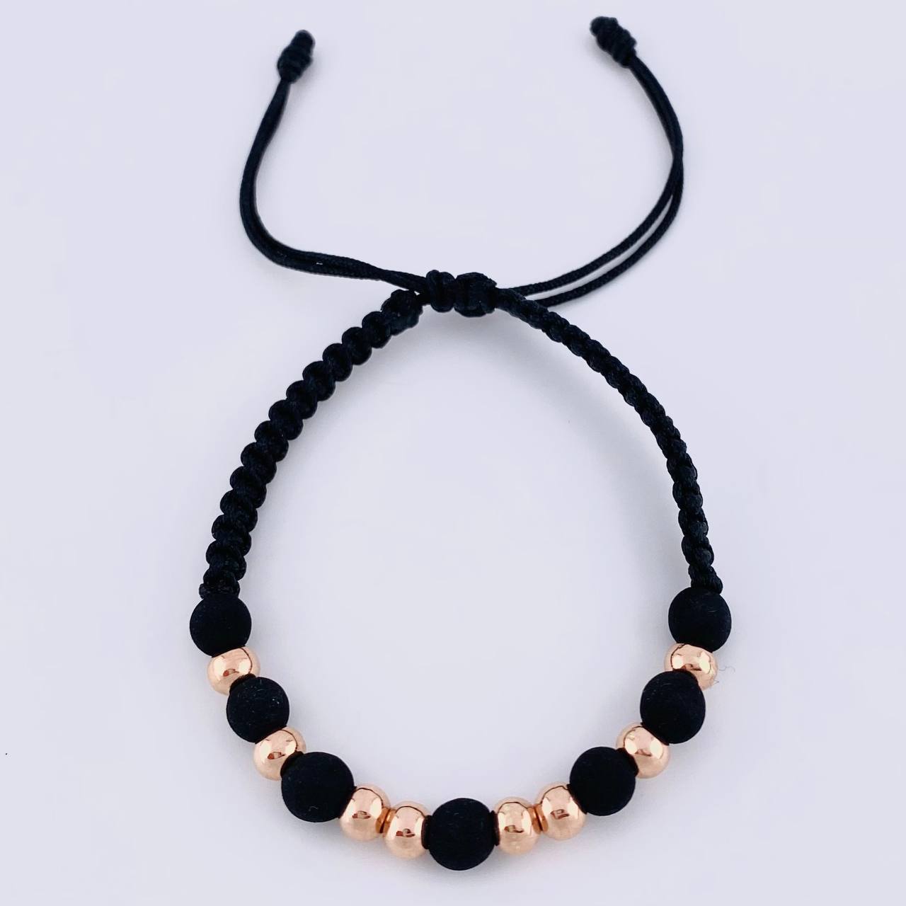 Pulsera Tejida Negra Bolas Lisas 8 Und / 5Mm Oro Rosa 18K (A.C)