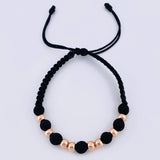 Pulsera Tejida Negra Bolas Lisas 8 Und / 5Mm Oro Rosa 18K (A.C)