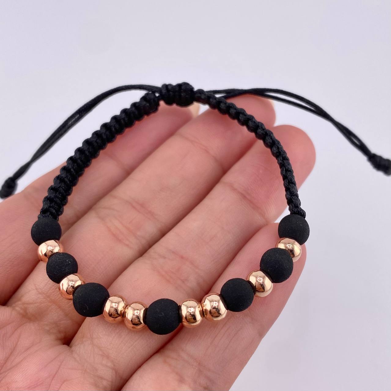 Pulsera Tejida Negra Bolas Lisas 8 Und / 5Mm Oro Rosa 18K (A.C)