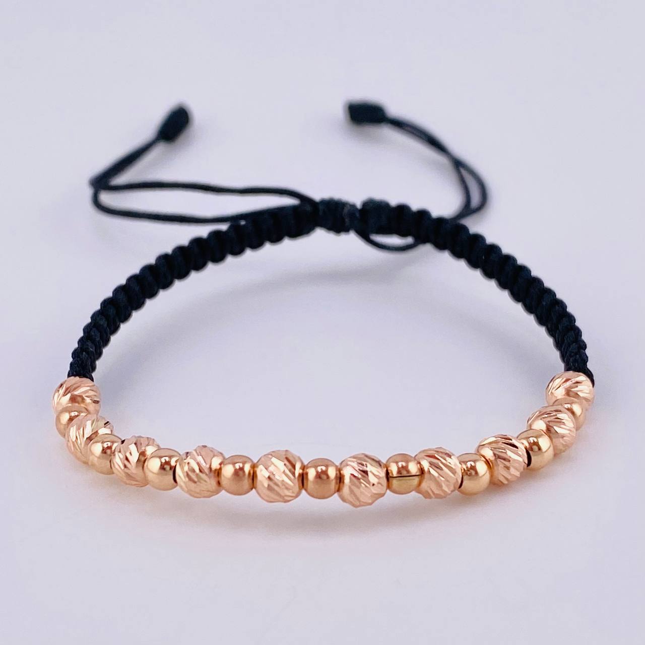 Pulsera Tejida Negra Bolas Lisas 10 Und- 4Mm / Diamantada 9 Und- 3Mm Oro Rosa 18K (A.C)