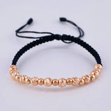 Pulsera Tejida Negra Bolas Lisas 10 Und- 4Mm / Diamantada 9 Und- 3Mm Oro Rosa 18K (A.C)