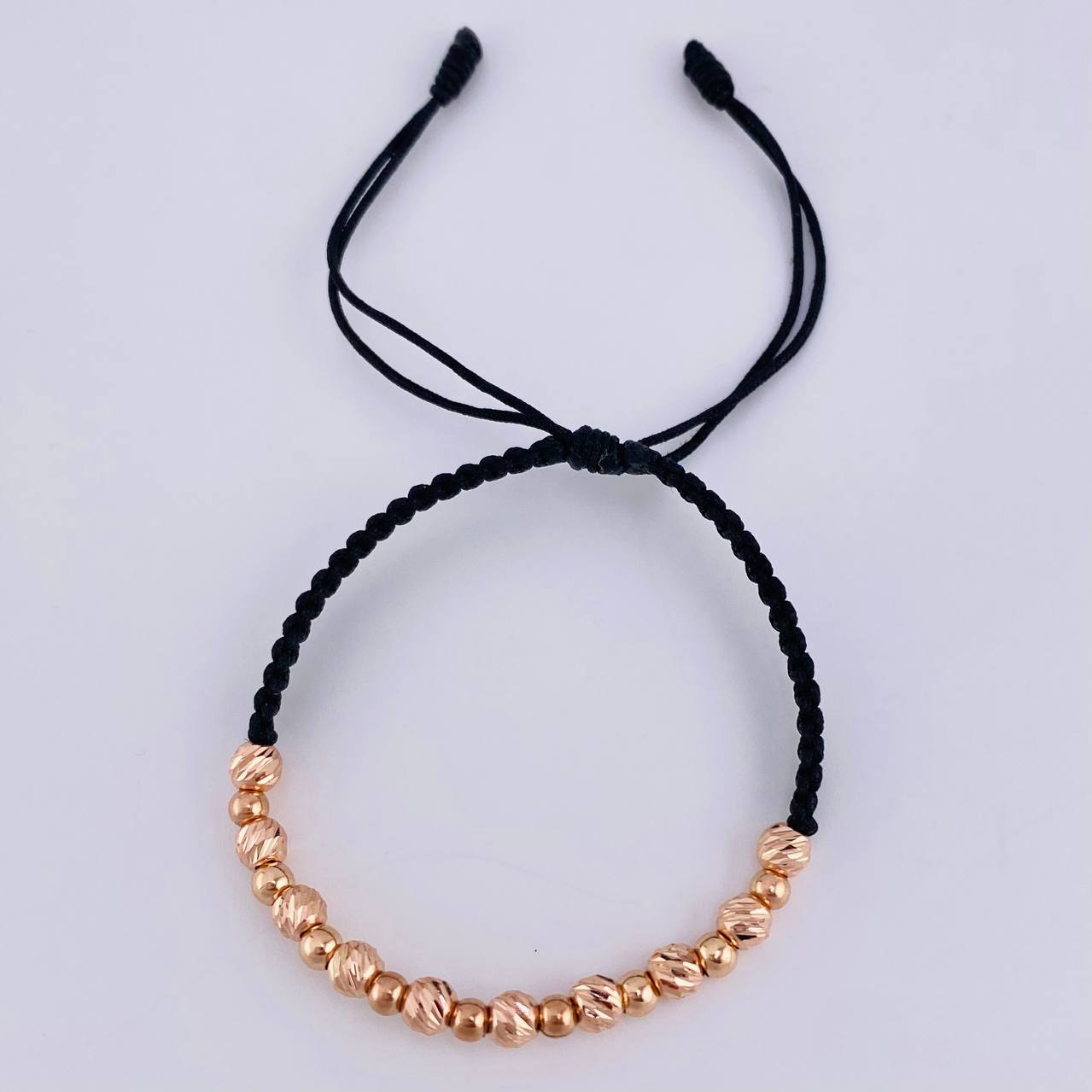 Black Woven Bracelet Diamond Cut Beads 10 Pcs- 4Mm/ Plain 9 Pcs- 3Mm Rose Gold 18K (A.C)