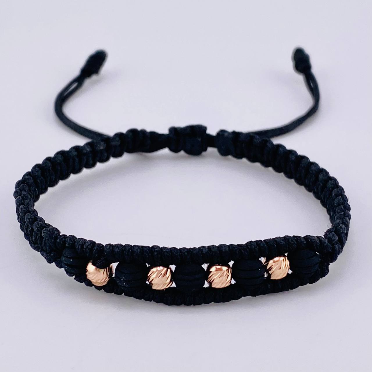 Black Woven Bracelet Diamond Cut Beads 4 Units / 4Mm Neoprene Rose Gold 18K (A.C)